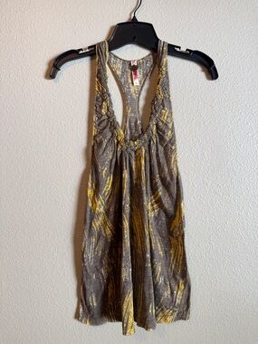 Free People Boho Racerback Tunic Tank Top Sz Large Grey Yellow Festival